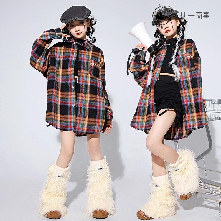 キッズダンス 衣装 レッグウォーマー ヒップホップ ストライプ y2k パンク風 格子柄 子供服 女の子 チアガール チェックシャツ 子供ダンス キッズダンス衣 - 画像 (2)