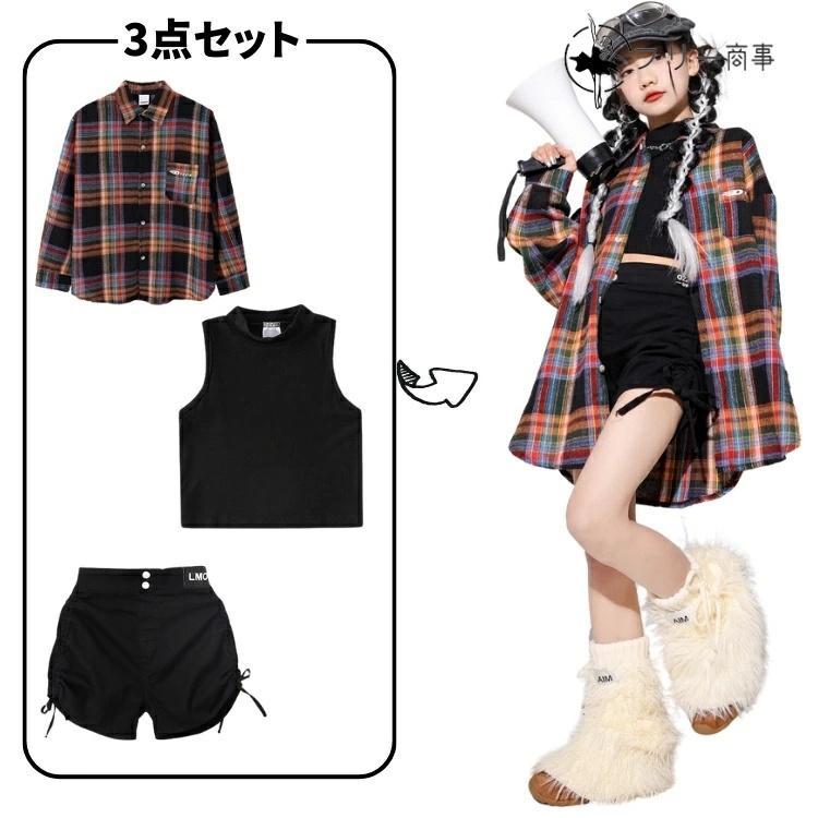 キッズダンス 衣装 レッグウォーマー ヒップホップ ストライプ y2k パンク風 格子柄 子供服 女の子 チアガール チェックシャツ 子供ダンス キッズダンス衣 - 画像 (4)