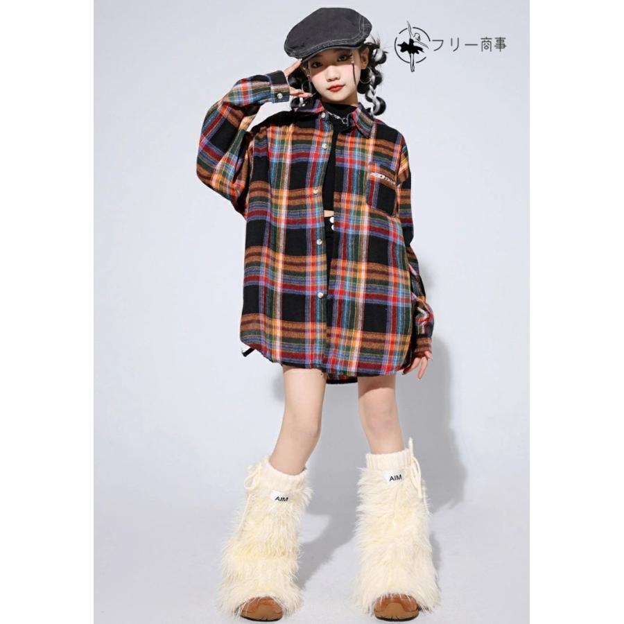 キッズダンス 衣装 レッグウォーマー ヒップホップ ストライプ y2k パンク風 格子柄 子供服 女の子 チアガール チェックシャツ 子供ダンス キッズダンス衣 - 画像 (8)