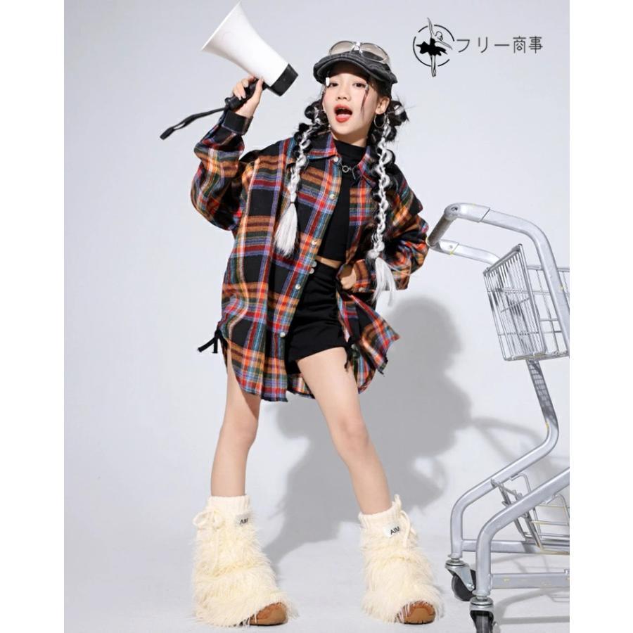 キッズダンス 衣装 レッグウォーマー ヒップホップ ストライプ y2k パンク風 格子柄 子供服 女の子 チアガール チェックシャツ 子供ダンス キッズダンス衣 - 画像 (9)
