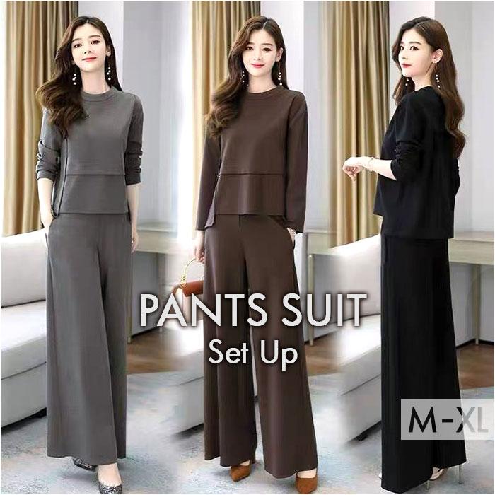 ☆ ブラウン XL パンツスーツ セットアップ レディース 長袖 パンツドレス ワイドパンツ - 画像 (2)