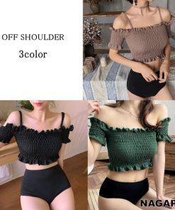 【9/20・21限定クーポン♪】水着 レディース 上下 セット 体型カバー 二の腕カバー シンプル XL 黒 ブラック ハイウエスト オフショルダー おしゃれ