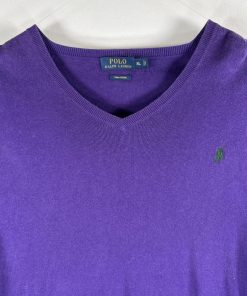 POLO RALPH LAUREN 古着 ポロ・ラルフローレン コットンニットセーター Vネック 薄手 ワンポイントロゴ刺繍 XL パープル メンズ