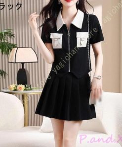 スーツ フレアスカート チャイナドレス風 レディーズ 膝丈 半袖 フォーマル Ｖネック フリル 結婚式 チュニック 通勤 OL カジュアル パーティー フレア マキシ