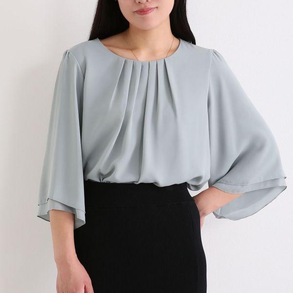 SHIROHATO ニッセン カットソー裏地付 ジョーゼットフレア7分袖ブラウス L LL nissen - 画像 (4)