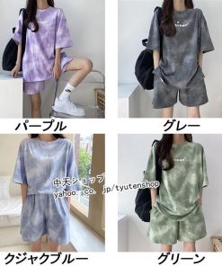 Tシャツ レディース セットアップ カジュアル 2点セット 半袖ｔシャツ+ショートパンツ ハーフパンツ ルームウェア 部屋着 ゆったり 絞り染め