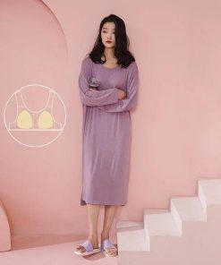 カップ付き ワンピース ロングワンピ 長袖 ルームウェア 日常ウェア ロングTシャツワンピース モダール パジャマ シンプル