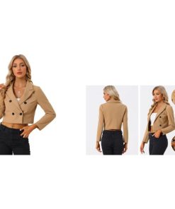 Allegra K ブレザー ジャケット クロップド ノッチドラペルカラー 長袖 無地 カジュアル オフィス 通勤 レディース カーキ M