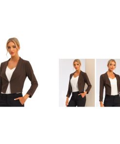 Allegra K ショート ジャケット クロップド ブレザー 前開き オフィス 事務服 無地 レディース ダークブラウン M