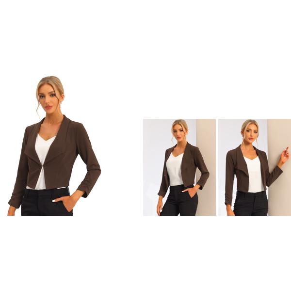 Allegra K ショート ジャケット クロップド ブレザー 前開き オフィス 事務服 無地 レディース ダークブラウン M