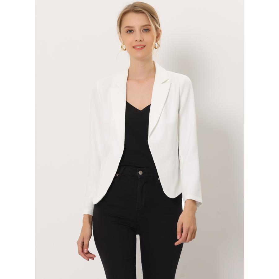 Allegra K ブレザー 花柄 長袖 前開き ピークトラペル ショート丈 オフィスカジュアル レディース 白い固体 2XL - 画像 (2)