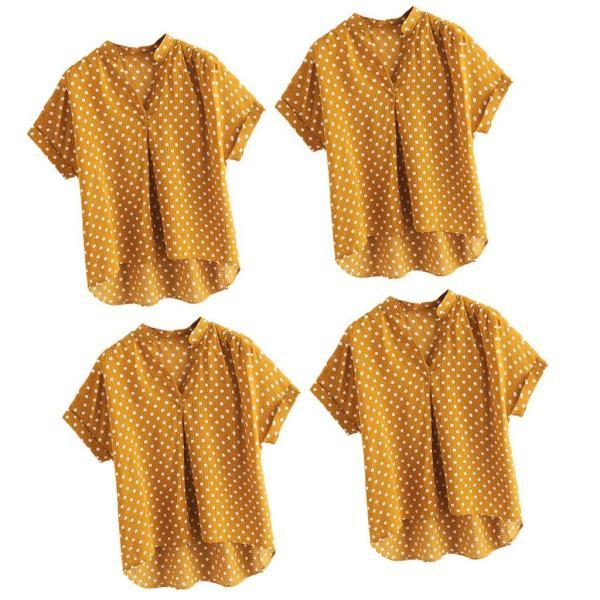 レディースTシャツ 大人 半袖 Vネック 大きいサイズ 女性トップス スリム オフィス 通勤 イエロー - 画像 (2)