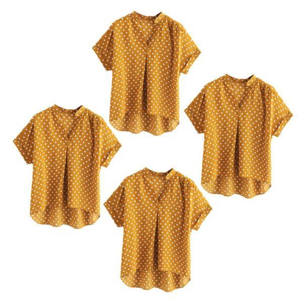 レディースTシャツ 大人 半袖 Vネック 大きいサイズ 女性トップス スリム オフィス 通勤 イエロー - 画像 (3)