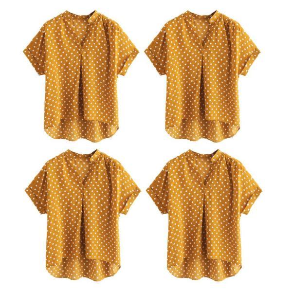 レディースTシャツ 大人 半袖 Vネック 大きいサイズ 女性トップス スリム オフィス 通勤 イエロー - 画像 (7)