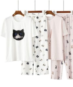 選べる2色ネコ柄が可愛い　ルームウェア　セットアップ　パジャマ　ペア　レディース メンズ　上下セット　部屋着　春　夏　柔らかい　お肌に優しい　きれいめ