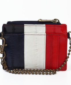 【TONYstyleドット・水玉柄の裏地がおしゃれなイールスキン】チェーン付きカードケース〈トリコロール〉フランスカラー ウナギ革 金運 健康運 うなぎ 軽量