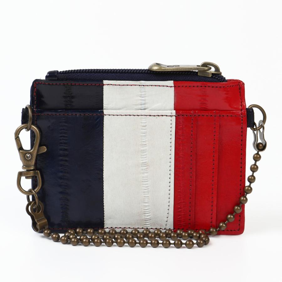 【TONYstyleドット・水玉柄の裏地がおしゃれなイールスキン】チェーン付きカードケース〈トリコロール〉フランスカラー ウナギ革 金運 健康運 うなぎ 軽量