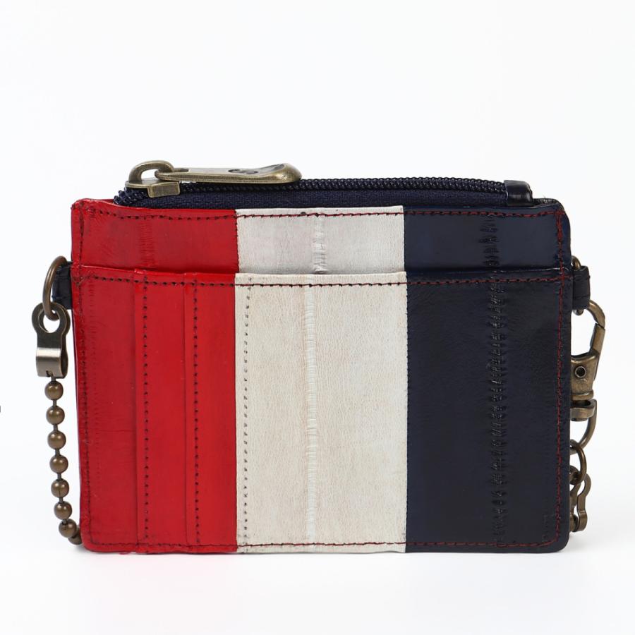 【TONYstyleドット・水玉柄の裏地がおしゃれなイールスキン】チェーン付きカードケース〈トリコロール〉フランスカラー ウナギ革 金運 健康運 うなぎ 軽量 - 画像 (2)