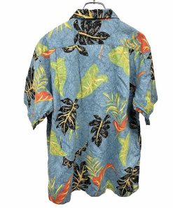 THE U.S. ROUTE 66 CLUB オープンカラーシャツ リーフ柄 植物柄 半袖 ボタニカル 胸ポケット 綿×麻 M ブルー 青×緑×黄×赤×黒 メンズ