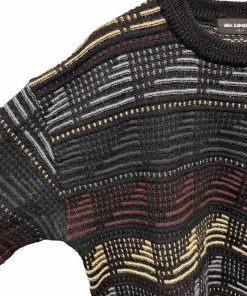 Mr. LOOPER セーター ウールカットソー レトロ柄 古着 長袖 丸首 日本製 ウール100% L ブラック 黒×緑×黄×赤茶×グレー メンズ