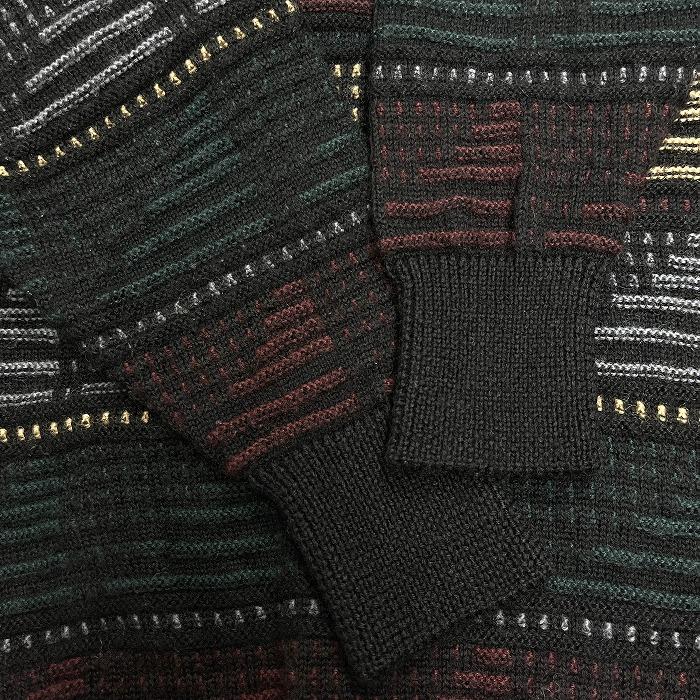 Mr. LOOPER セーター ウールカットソー レトロ柄 古着 長袖 丸首 日本製 ウール100% L ブラック 黒×緑×黄×赤茶×グレー メンズ - 画像 (3)
