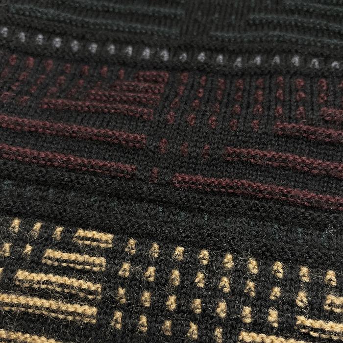 Mr. LOOPER セーター ウールカットソー レトロ柄 古着 長袖 丸首 日本製 ウール100% L ブラック 黒×緑×黄×赤茶×グレー メンズ - 画像 (4)