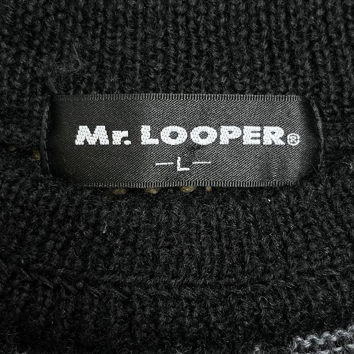 Mr. LOOPER セーター ウールカットソー レトロ柄 古着 長袖 丸首 日本製 ウール100% L ブラック 黒×緑×黄×赤茶×グレー メンズ - 画像 (5)