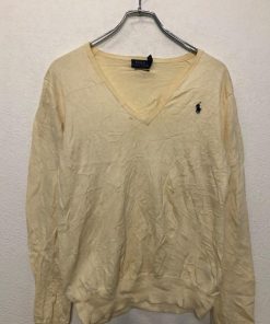 POLO RALPH LAUREN コットン ニット セーター S イエロー ポロラルフローレン 刺繍 ロゴ Vネック 薄手 古着卸 アメリカ仕入 a510-6482