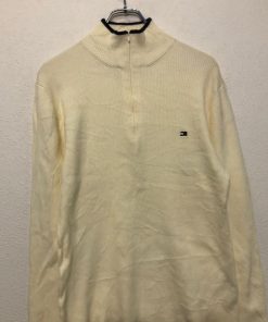 TOMMY HILFIGER 混紡 ニット セーター L ホワイト ネイビー トミーヒルフィガー コットン ハーフジップ 古着卸 アメリカ仕入 a510-6488