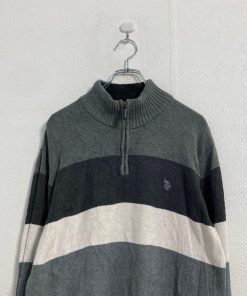 U.S. POLO ASSN. コットン ボーダー ニット セーター L グレー ホワイト ブラック ハーフジップ 古着卸 アメリカ仕入 a512-5868