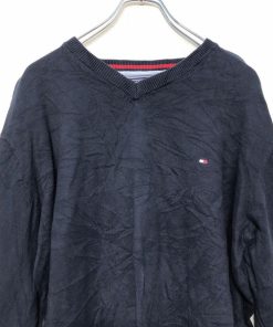 TOMMY HILFIGER コットン ニット セーター トミーヒルフィガー XXL ネイビー ビッグサイズVネック 古着卸 アメリカ仕入 a605-8251