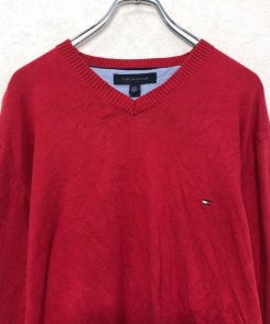 TOMMY HILFIGER コットン ニット セーター トミーヒルフィガー L レッド Vネック 古着卸 アメリカ仕入 a605-8255