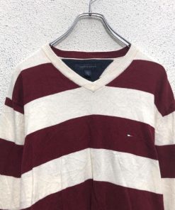TOMMY HILFIGER コットン ニット セーター トミーヒルフィガー L ホワイト レッド ボーダー Vネック 古着卸 アメリカ仕入 a605-8335