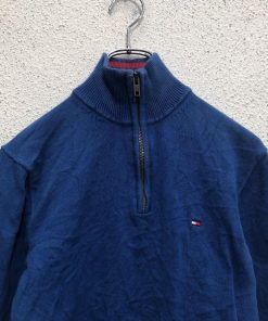 TOMMY HILFIGER コットン ニット セーター トミーヒルフィガー S ブルー ハーフジップ 古着卸 アメリカ仕入 a605-8343