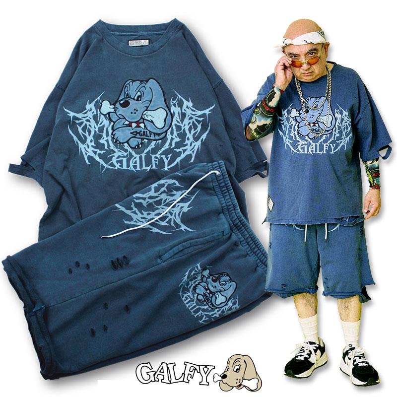 GALFY ガルフィー 半袖Tシャツ 短パン セットアップ 染め染めわんちゃんボロボロ Tee ボロボロショーツ 132000 132001 L XL 黒 紺 - 画像 (2)