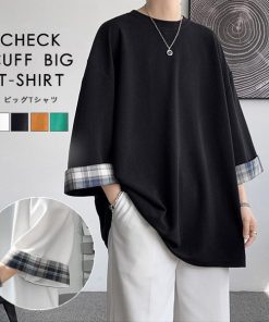 Tシャツ メンズ トップス 七分袖 半袖 ロング 長め ビッグシルエット 大きめ オーバーサイズ チェック柄 クルーネック 無地 お洒落 春 夏 秋