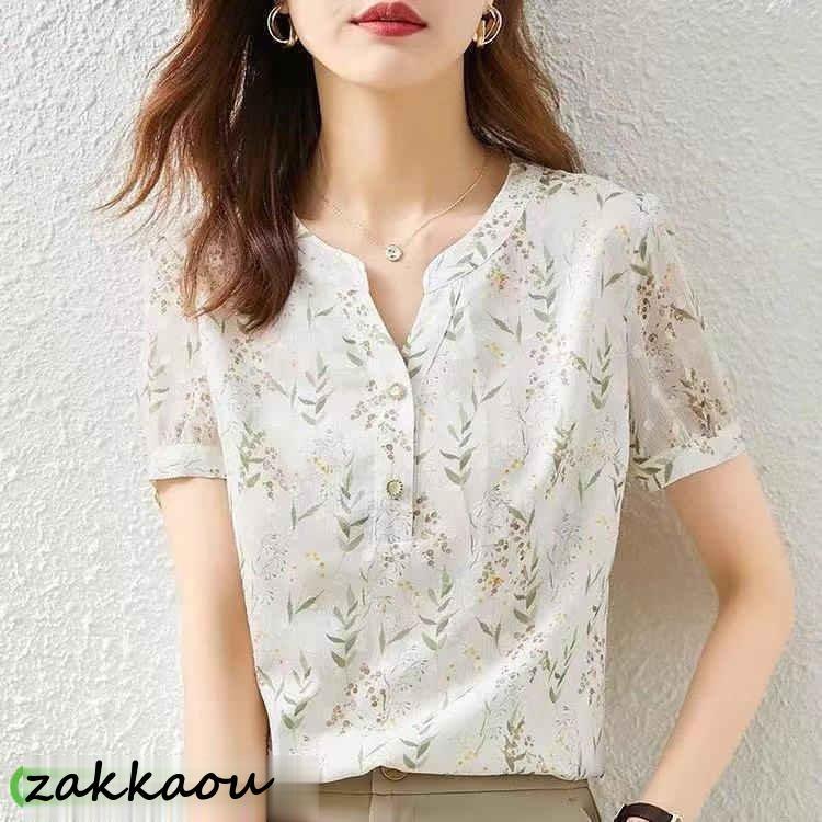 ブラウス レディース 40代 春夏新作 オシャレブラウス Vネック シャツ30代 半袖トップス 花柄 ゆったり 通勤OL 50代 上品 大人