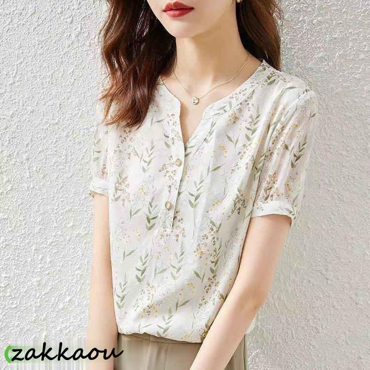 ブラウス レディース 40代 春夏新作 オシャレブラウス Vネック シャツ30代 半袖トップス 花柄 ゆったり 通勤OL 50代 上品 大人 - 画像 (2)