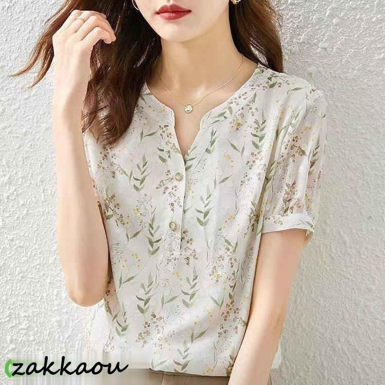 ブラウス レディース 40代 春夏新作 オシャレブラウス Vネック シャツ30代 半袖トップス 花柄 ゆったり 通勤OL 50代 上品 大人 - 画像 (3)