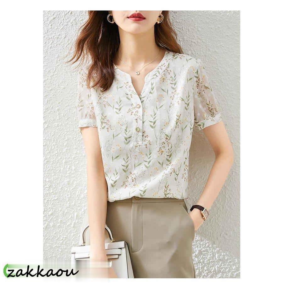 ブラウス レディース 40代 春夏新作 オシャレブラウス Vネック シャツ30代 半袖トップス 花柄 ゆったり 通勤OL 50代 上品 大人 - 画像 (4)