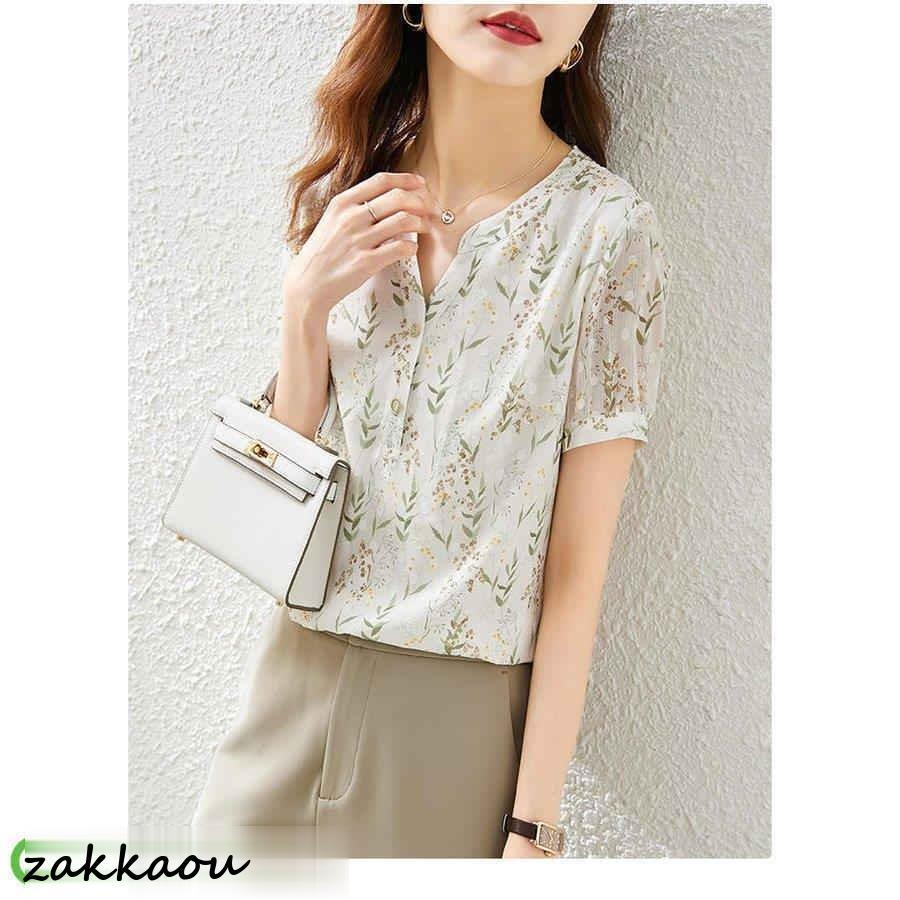 ブラウス レディース 40代 春夏新作 オシャレブラウス Vネック シャツ30代 半袖トップス 花柄 ゆったり 通勤OL 50代 上品 大人 - 画像 (5)
