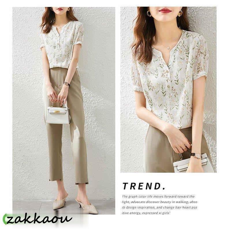 ブラウス レディース 40代 春夏新作 オシャレブラウス Vネック シャツ30代 半袖トップス 花柄 ゆったり 通勤OL 50代 上品 大人 - 画像 (7)