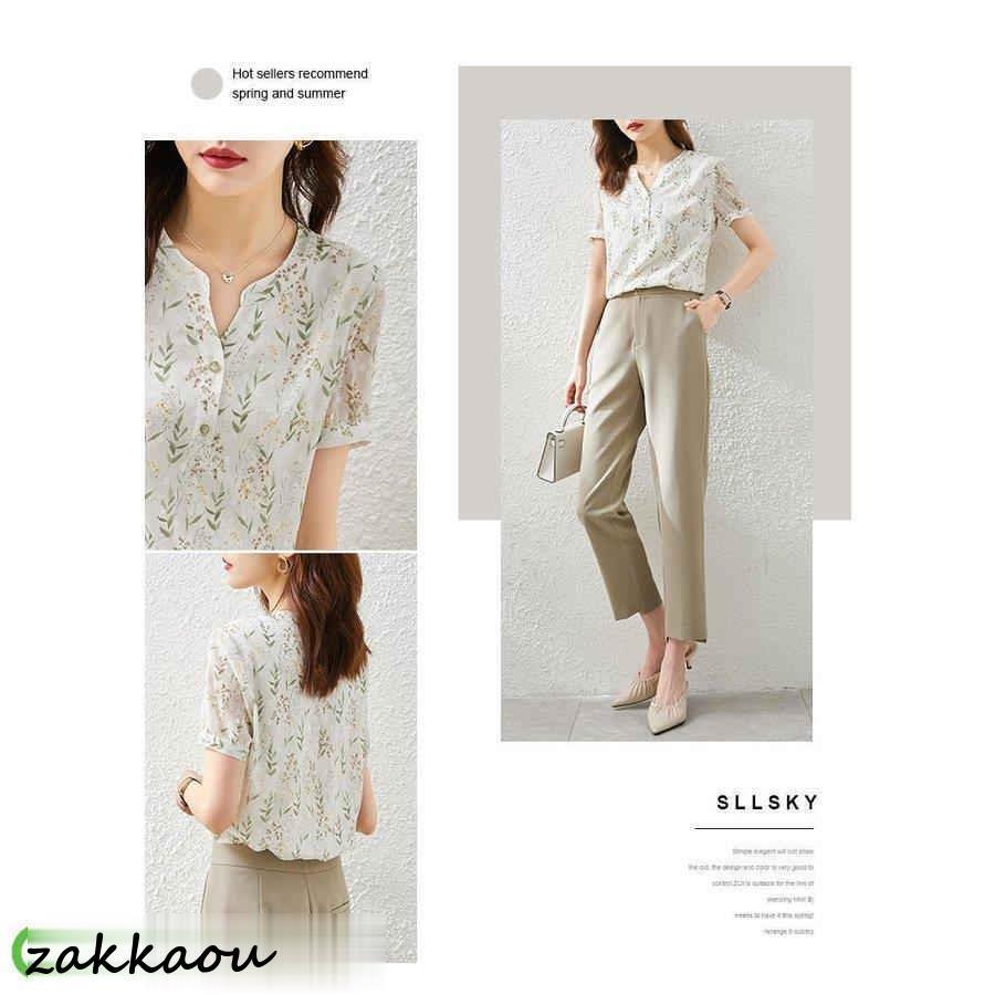 ブラウス レディース 40代 春夏新作 オシャレブラウス Vネック シャツ30代 半袖トップス 花柄 ゆったり 通勤OL 50代 上品 大人 - 画像 (8)