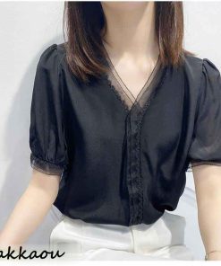 ブラウス レディース 40代 春夏新作 オシャレブラウス 白シフォンシャツ 大人通勤OL 半袖トップス シャツ30代 ゆったり レースVネックパフスリーブブラウス