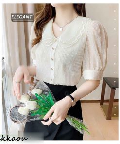 ブラウス レディース 40代 春夏秋新作 オシャレブラウス 白シフォンシャツ 30代 韓国風 通勤 シャツ ゆったりT 大人 50代 レース折り襟ブブラウス 半袖トップス