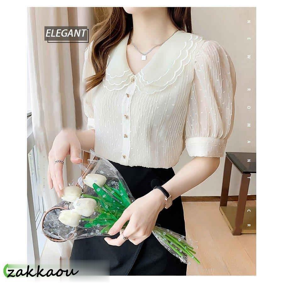 ブラウス レディース 40代 春夏秋新作 オシャレブラウス 白シフォンシャツ 30代 韓国風 通勤 シャツ ゆったりT 大人 50代 レース折り襟ブブラウス 半袖トップス