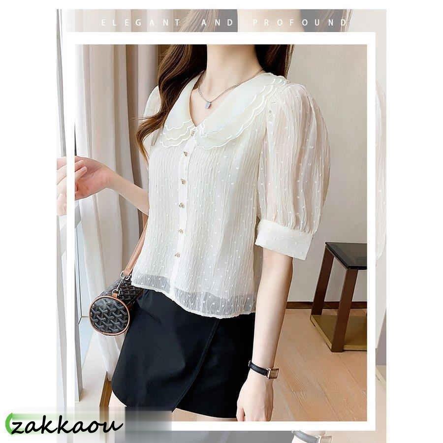 ブラウス レディース 40代 春夏秋新作 オシャレブラウス 白シフォンシャツ 30代 韓国風 通勤 シャツ ゆったりT 大人 50代 レース折り襟ブブラウス 半袖トップス - 画像 (2)