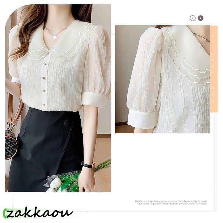 ブラウス レディース 40代 春夏秋新作 オシャレブラウス 白シフォンシャツ 30代 韓国風 通勤 シャツ ゆったりT 大人 50代 レース折り襟ブブラウス 半袖トップス - 画像 (5)