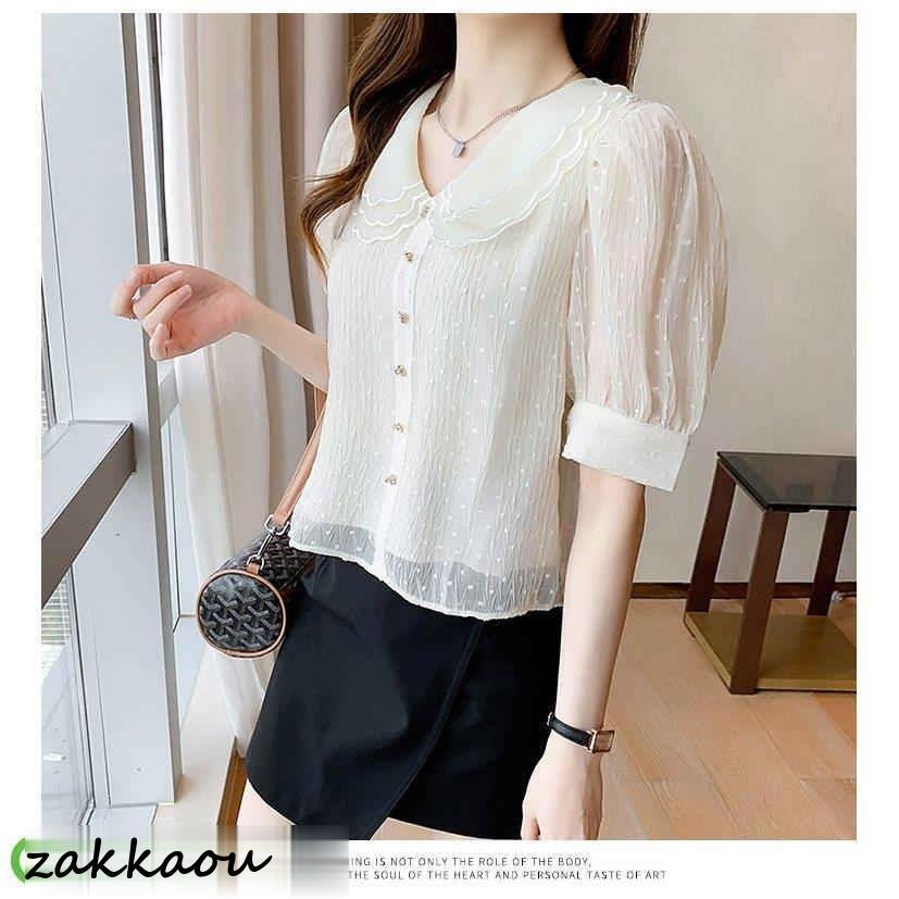 ブラウス レディース 40代 春夏秋新作 オシャレブラウス 白シフォンシャツ 30代 韓国風 通勤 シャツ ゆったりT 大人 50代 レース折り襟ブブラウス 半袖トップス - 画像 (6)