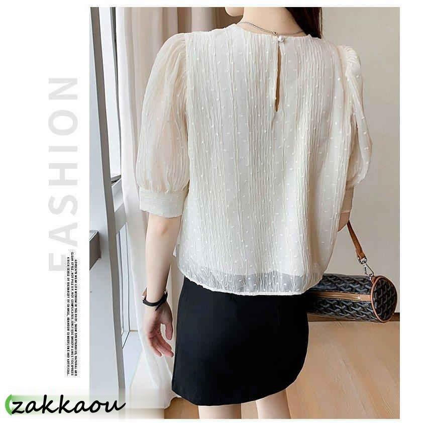 ブラウス レディース 40代 春夏秋新作 オシャレブラウス 白シフォンシャツ 30代 韓国風 通勤 シャツ ゆったりT 大人 50代 レース折り襟ブブラウス 半袖トップス - 画像 (7)